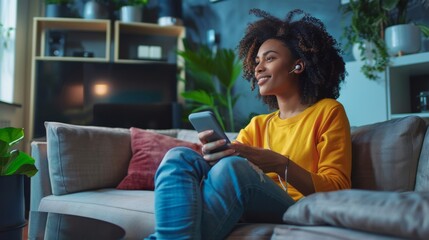Obraz premium Woman using voice assistant device in a modern living room