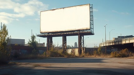Obraz premium A blank, rectangular billboard positioned on a tall metal structure in an empty urban plaza.