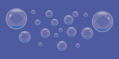 Soap bubbles with glare, realistic, soap, shampoos, shower gels, water, foam. Flying bubbles on a blue background.
