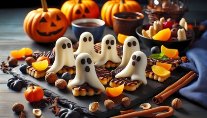Obraz premium halloween pumpkin cupcakes with candles, Sweet snacks in the form of ghosts for Halloween, created whit A.I generativo.