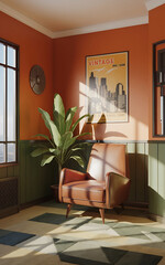 Mid-century modern living room with brown leather armchair and green plant  orange and brown color palette  vintage style  cozy and inviting  perfect for home decor   