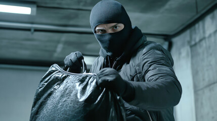 A balaclava-wearing robber holds an open black bag in a dimly lit industrial space with gray walls and a dark floor, highlighting a tense atmosphere