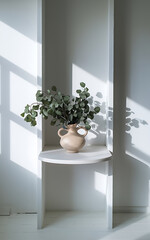 Minimalist green plant in beige vase on white shelf  sunlight and shadows  modern interior design  calm and peaceful   