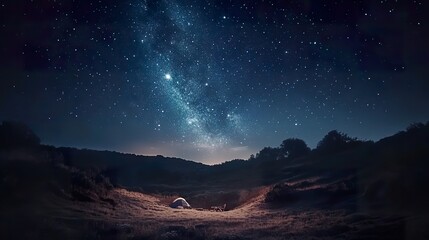 A clear night sky filled with stars above a remote mountain campsite.