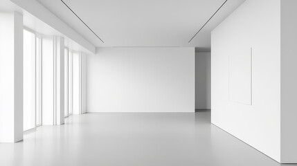 Fototapeta premium spacious, minimalist room with white walls and large windows, creating bright and open atmosphere. simple design emphasizes clean lines and modern aesthetic