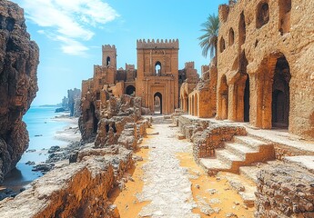 Ruins of an ancient city on the coast of a sunny day.