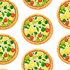 Seamless pattern Pizza with mushrooms, broccoli, spinach, lemon, tomatoes and herbs, top view. vector for packaging design, fabric