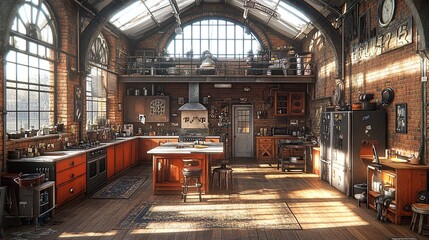 Cozy industrial kitchen with rustic decor.