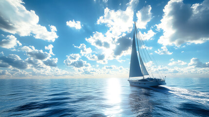 Fototapeta premium A luxury yacht elegantly races across the open sea beneath a vibrant blue sky adorned with fluffy white clouds on a sunny day