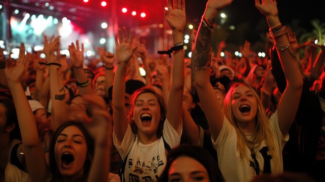 A vibrant crowd at a concert, celebrating and enjoying the live music experience.