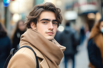 Fototapeta premium Handsome young man in a beige coat and scarf walking through a bustling city street with people passing by on a bright day