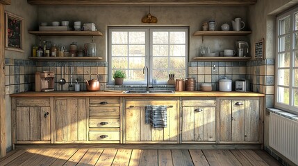 Cozy rustic kitchen with wooden elements and decor.