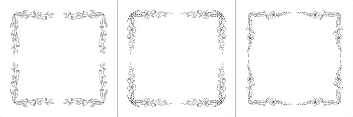 Set of three vector decorative frames, vegetal ornamental frame with flowers, decorative border, corners. Isolated vector illustration.