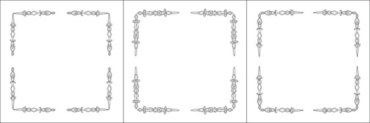 Set of three frames. Elegant Scandinavian black and white ornamental frame with swards, decorative border, corners. Isolated vector illustration.	
