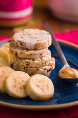 Healthy Snack with Rice Cakes Banana and Peanut Butter