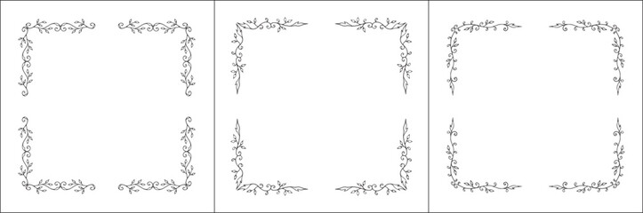 Set of three vector decorative frames, vegetal ornamental frame with leaves, decorative border, corners. Isolated vector illustration.