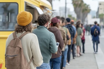 Long queue at a foodtruck. People lined up for food on the street. Customers at yellow street food truck. .