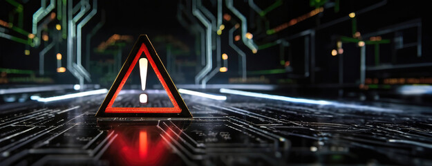 A warning sign in the shape of a triangle, illuminated in a dark tech-themed environment. Cyber security background.