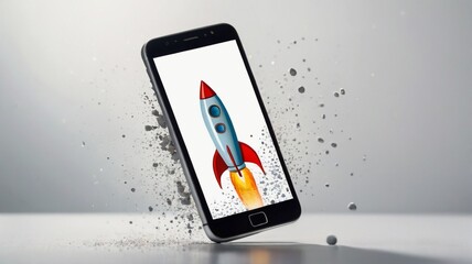 Rocket on coming out of mobile screen, cell phone, startup concept, white background