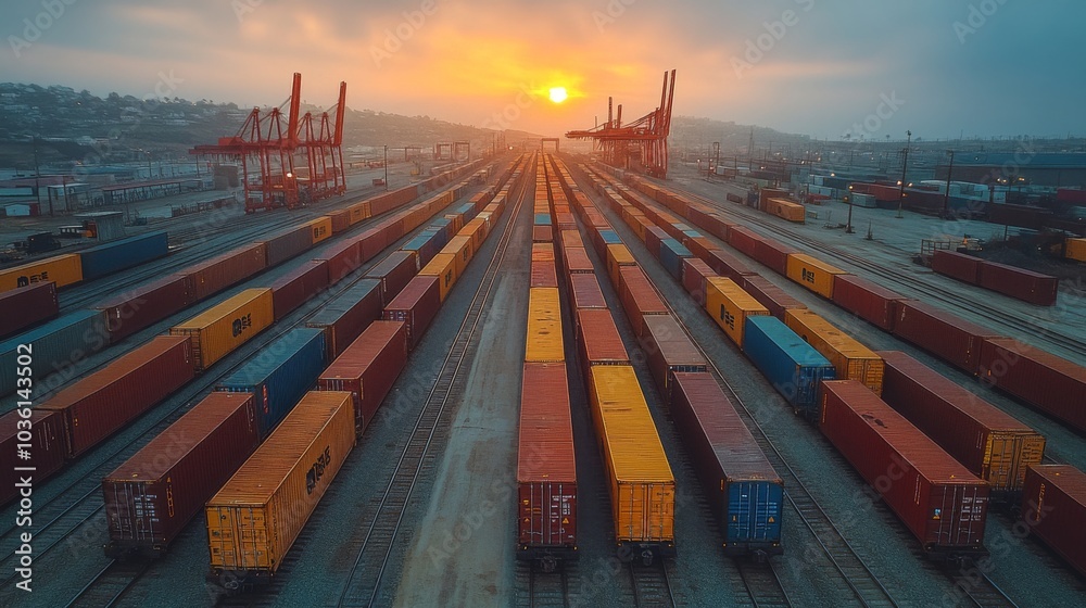 Poster brightly colored shipping containers are arranged along railway tracks in a busy port as the sun set