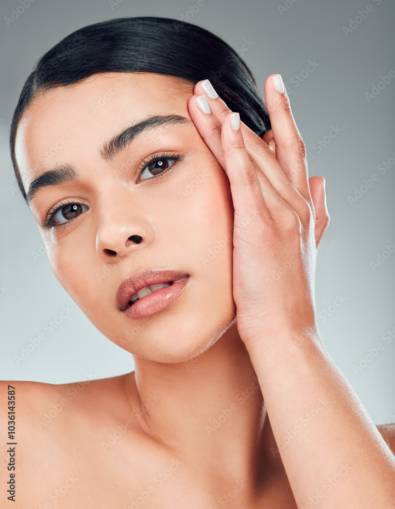 Canvas Prints Skincare, hand and portrait of woman in studio with hydration, collagen or facial routine. Natural, healthy glow and female person from Puerto Rico with face dermatology treatment by gray background.