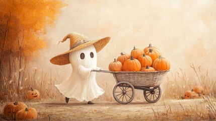 S&uuml;&szlig;er Geist schiebt Wagen voller K&uuml;rbisse f&uuml;r Halloween