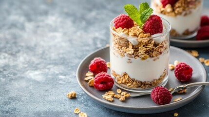 Glass, cereal, and yogurt flavored with raspberries served with a spoon for vegan, organic, or breakfast fare. Fruit, dairy, and fiber on a plate in a transparent container with protein for breakfast