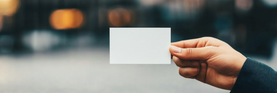 Hand holding blank business card in urban setting.