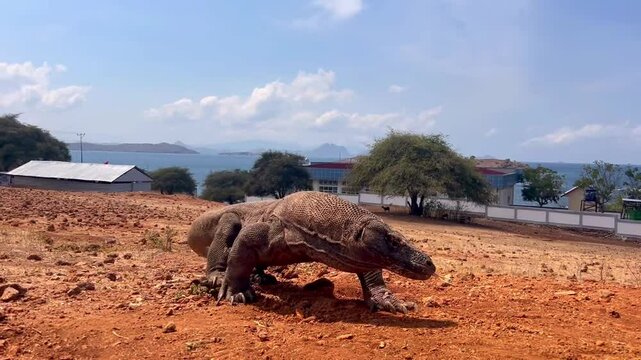 A komodo varan walks around the island.