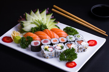 Elegant Sushi Platter with Fresh Salmon Sashimi and Rolls