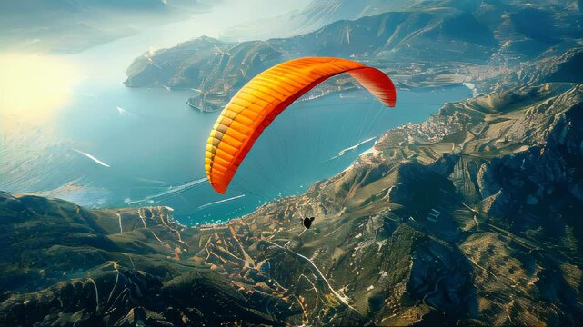 Paragliders soaring above scenic landscapes against a clear blue sky