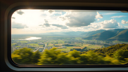 A train window with a beautiful view, the feeling of moving in the picture. Generative AI
