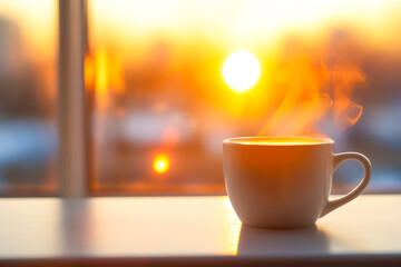 Obraz premium As the sun rises, golden light fills the space, illuminating a steaming cup of coffee placed on a table near the window, offering a tranquil morning moment