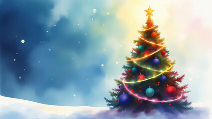 Obraz premium Vibrant Christmas tree with colorful lights set against a misty winter backdrop, perfect for holiday cards and festive decor inspiration.