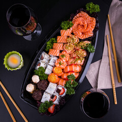 Exquisite Sushi Platter with Salmon and Wine Pairing
