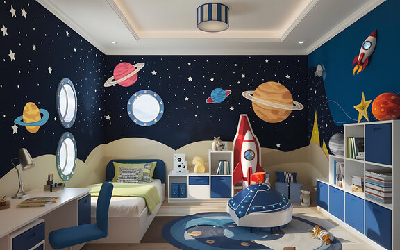 Blue and red spaceship themed bedroom for a child  perfect for a space-themed nursery or playroom   
