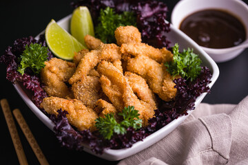 Crispy Fried Chicken Tenders with Fresh Salad and Dipping Sauce