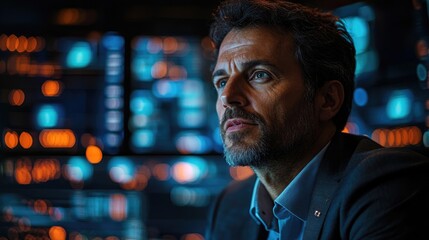 Obraz premium Man in Suit Gazing Upward in a Dimly Lit Room