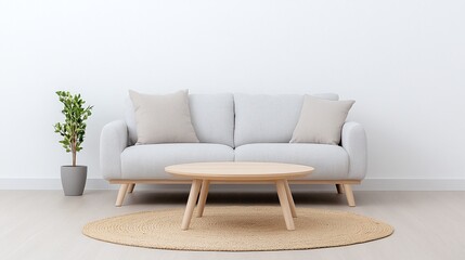 Scandinavian-inspired living room, modern gray sofa, wooden coffee table, minimalist design, neutral tones, cozy decor, potted greenery, bright natural lighting, clean layout

