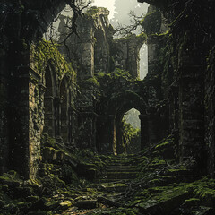 Naklejka premium Verdant Cathedral: Nature Reclaims the Forgotten. Generative AI 