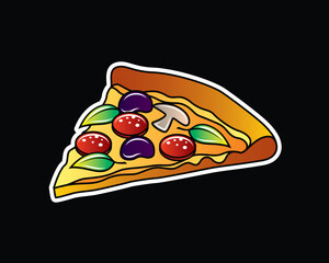 Original vector illustration of a slice of pizza with olives, salami, mushrooms and greens in vintage style.