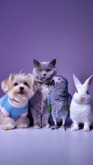 Fototapeta premium Group of pets featuring dog, cat, bird, and rabbit in studio setting