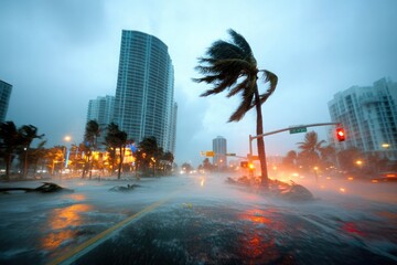 Heavy rain and strong winds sweep through a city street during a storm at dusk