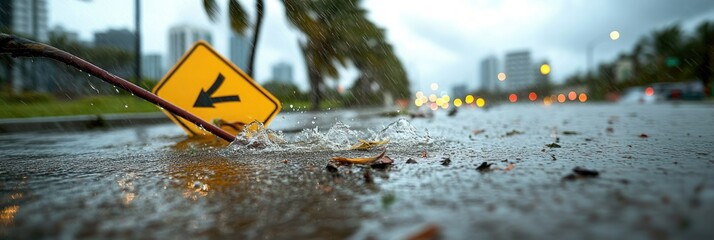 Heavy rain causes flooding on urban street with a fallen caution sign during the storm