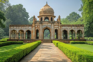 A pathway leads to a historic structure with intricate details and a dome, surrounded by lush greenery.