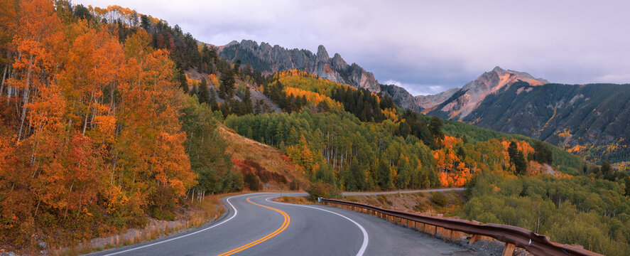Bright fall foliage along San Juan skyway scenic byway in Colorado