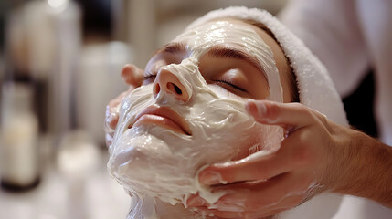 A woman is getting her face washed with a white cream