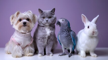 Fototapeta premium Group of animals including dog, cat, bird, and rabbit posed in a row