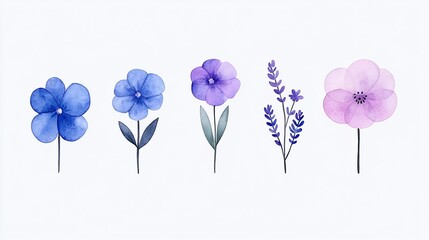 Watercolor flowers in shades of blue and lavender, delicate botanical design, minimal floral illustration, white background, hand-painted natural art, vibrant tones

