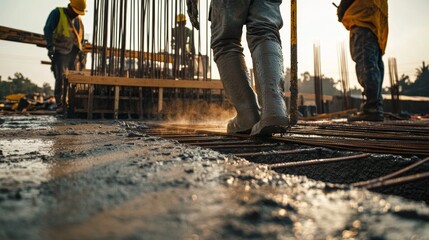 A dramatic shot of workers pouring and smoothing concrete for a foundation slab at an industrial plant construction site, Industrial plant foundation scene, Concrete pouring style